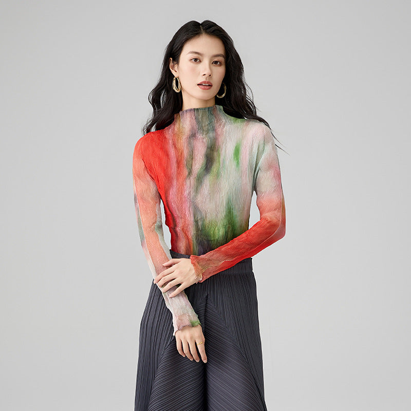 Women's Bottoming Shirt Wicker Print Fashionable Versatile Half-high Neck Slim T-shirt