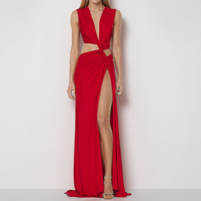 Vacation Beach Women Hollow Out Tie Side Slit V Neck Sleeveless Pleated Irregular Dresses