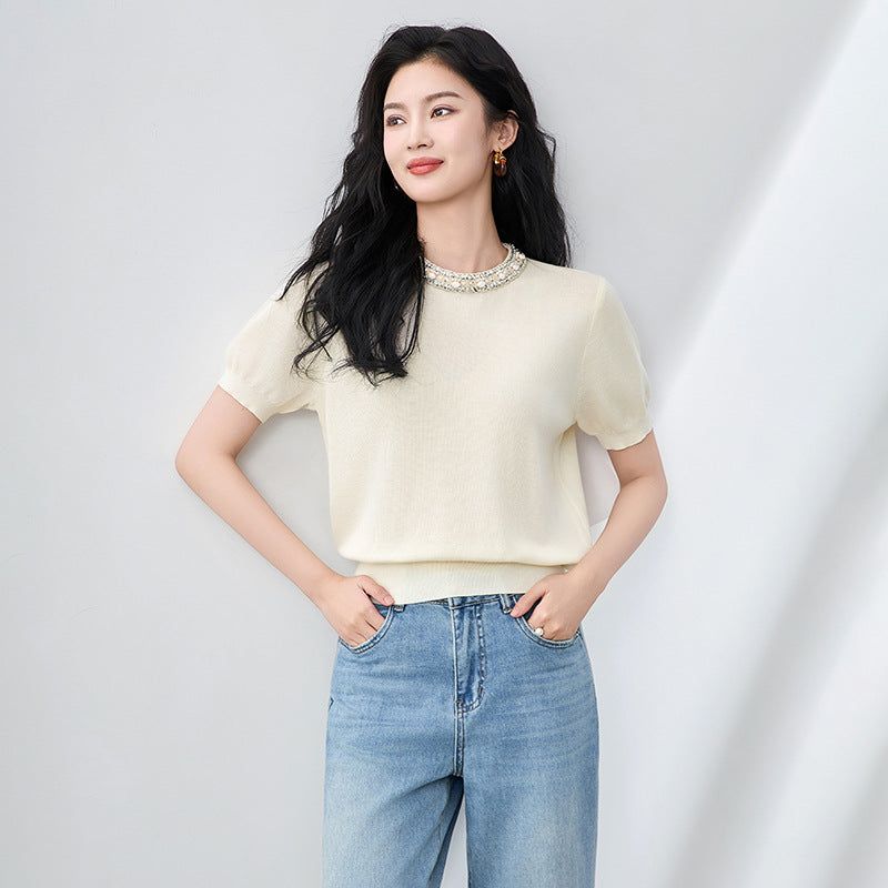 Outlet Summer Ice Silk Knitted ort Sve T-irt Women's Loose Fit round Ne Top Commute Sle Faion Mom's Wardrobe