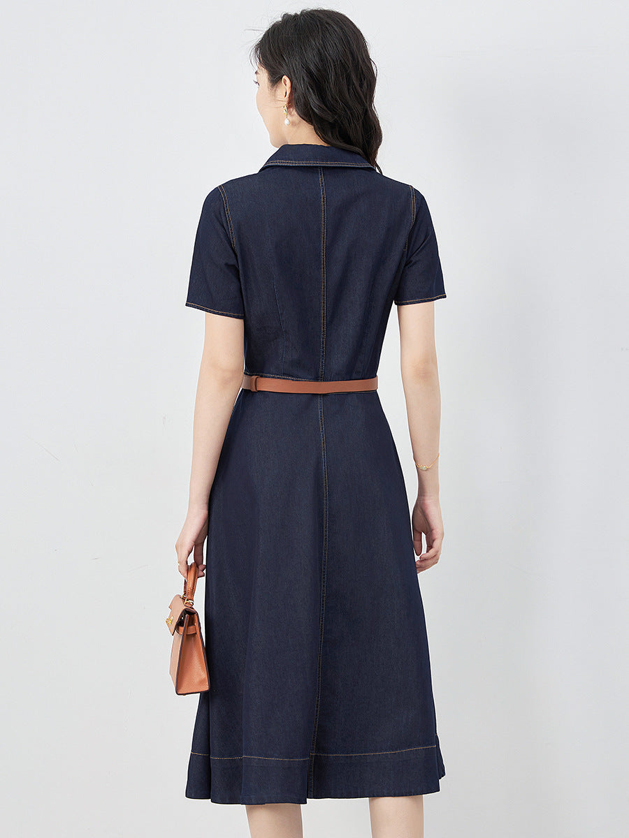 Summer New Women's Casual Fashion Single Breasted Collar Short Sleeve with Belt Midi Cowboy Medium Length Dress
