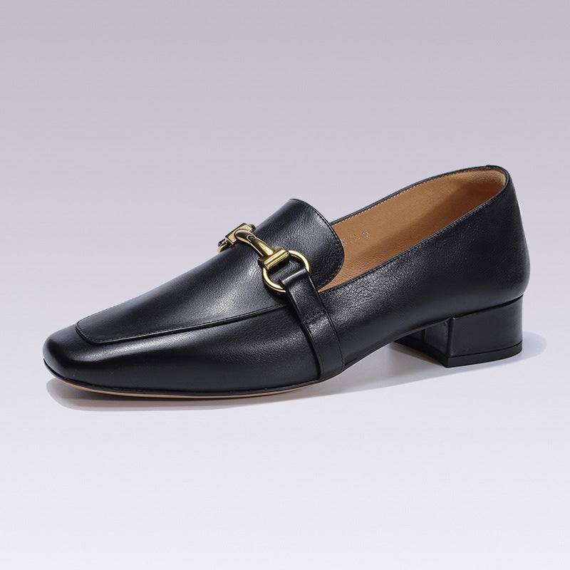 Large Size Loafers Black Classic Loafers Horsebit Decorated Round Toe Thick Heel Shoes