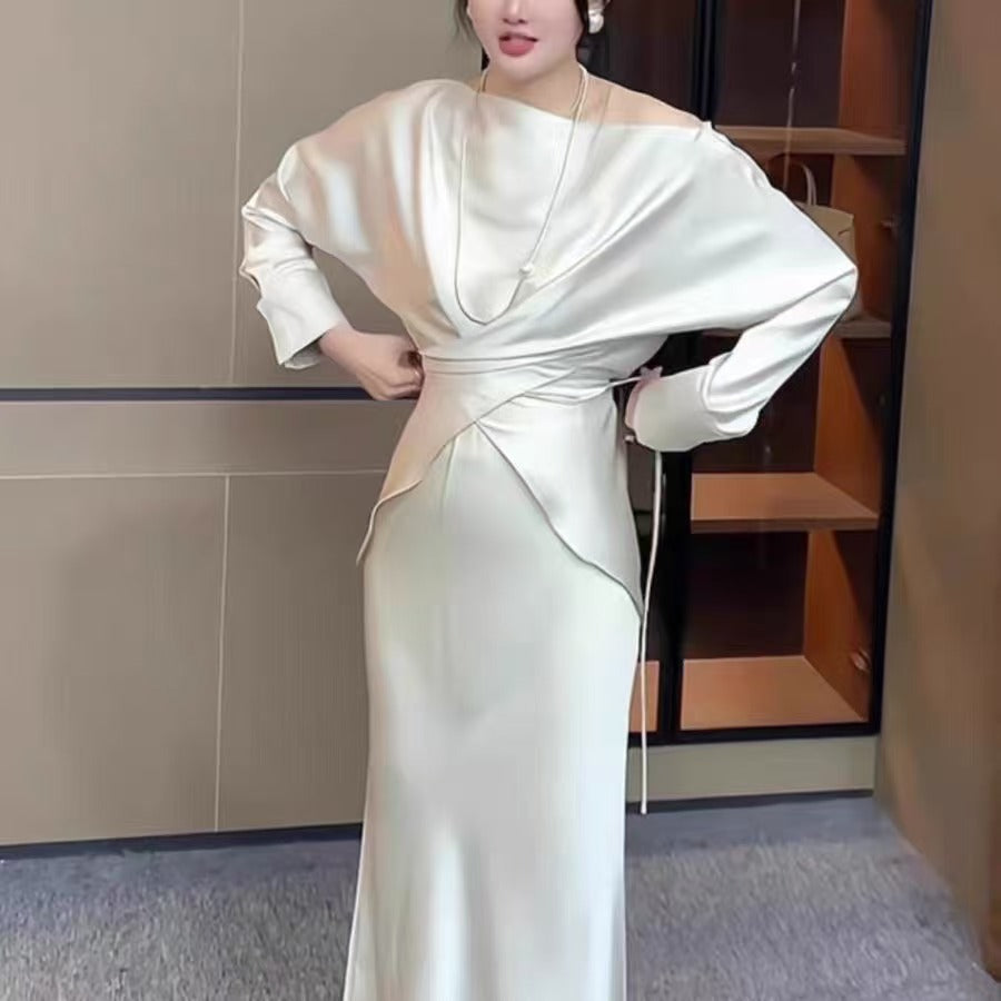 Pleated Solid Women Dresses Hip Package High Waist Lady Maxi Dress 2025 Fashion Summer O Neck Half Sleeve Female Vestidos