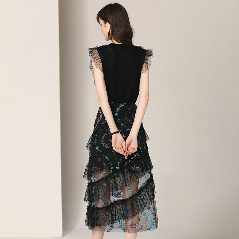 Women Runway Designer Luxury Embroidery Mesh Dress Suit Set High Quality Lace Party Robe Long Vintage Cocktail Vestidos