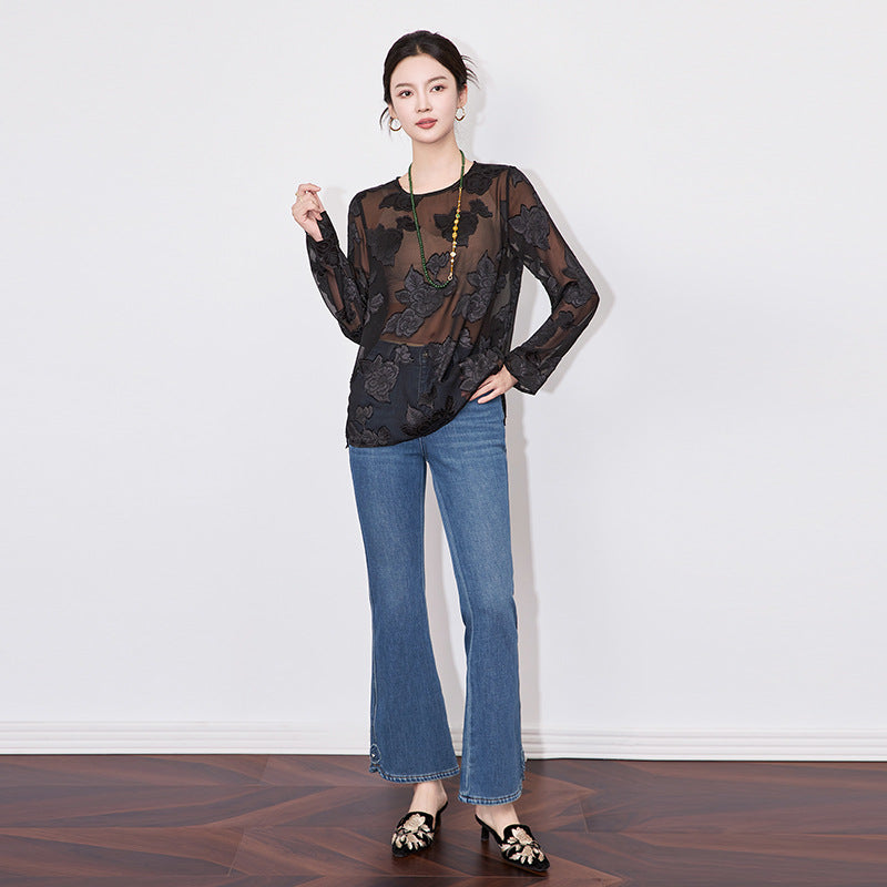 High-End Fashionable Chinese Style round Neck Shirt New Long Sleeve Top Feelelite Qiaoke Cut Flower Design