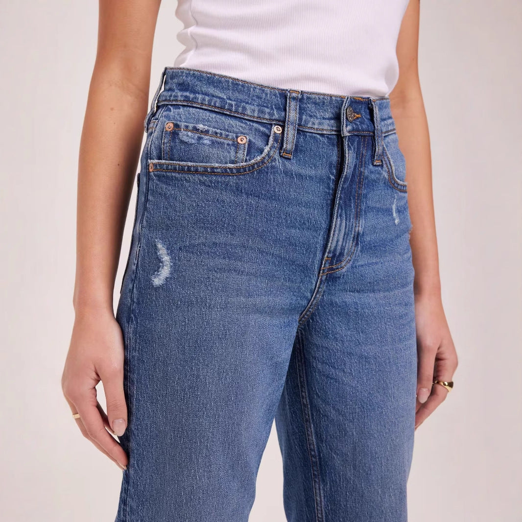 Women High Waisted Straight Leg Jeans Lady Stretchy Loose Fit Denim Pants Female Beige Gray White Pink Cheap Trousers