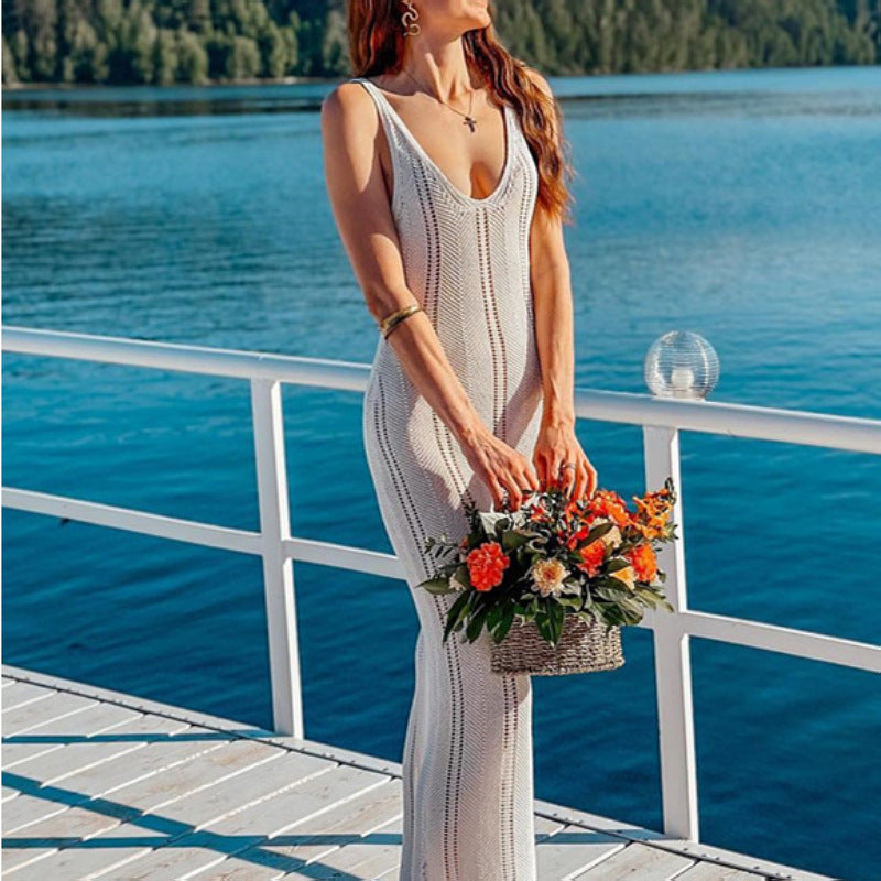 Summer New Women's Dress Sexy Hollow Out Open-Back Knit Dress