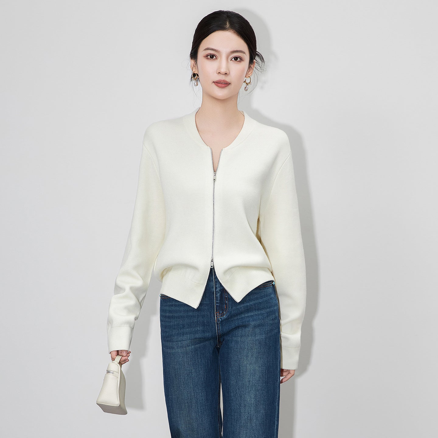 Retro Cashmere Knitted Open Cardigan Double Zipper Thickened Loose Versatile Outerwear Autumn Winter New Arrival Solid Color