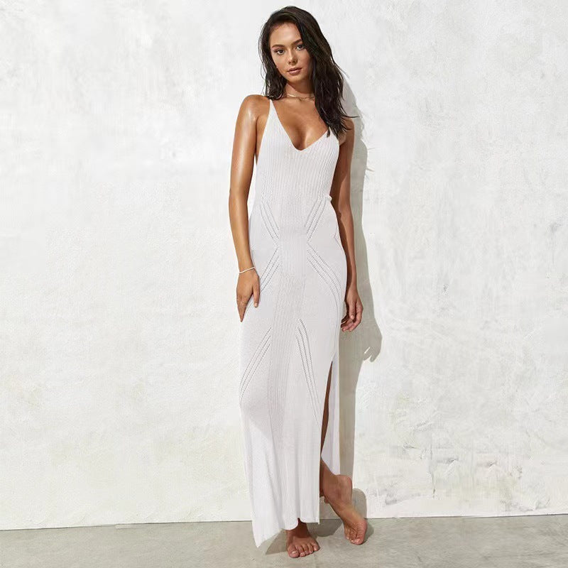 Sexy Knit Hollow Out Long Beach Dress Women Halter Sleeveless Backless Split Female Dresses Summer Lady Holiday Dresses