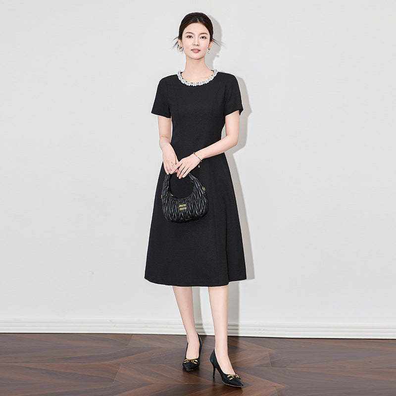Elegant O Neck Beading Simple Dresses for Women Summer Short Sleeve Solid Green Black Office Lady Work Dress Midi Vestidos