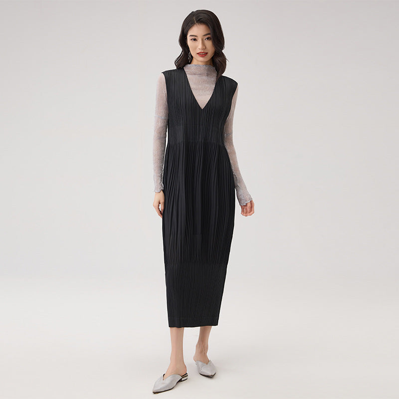 French Pleated Women's Dress V-neck Sleeveless Elegant Long Dresses Female Fashion Casual
