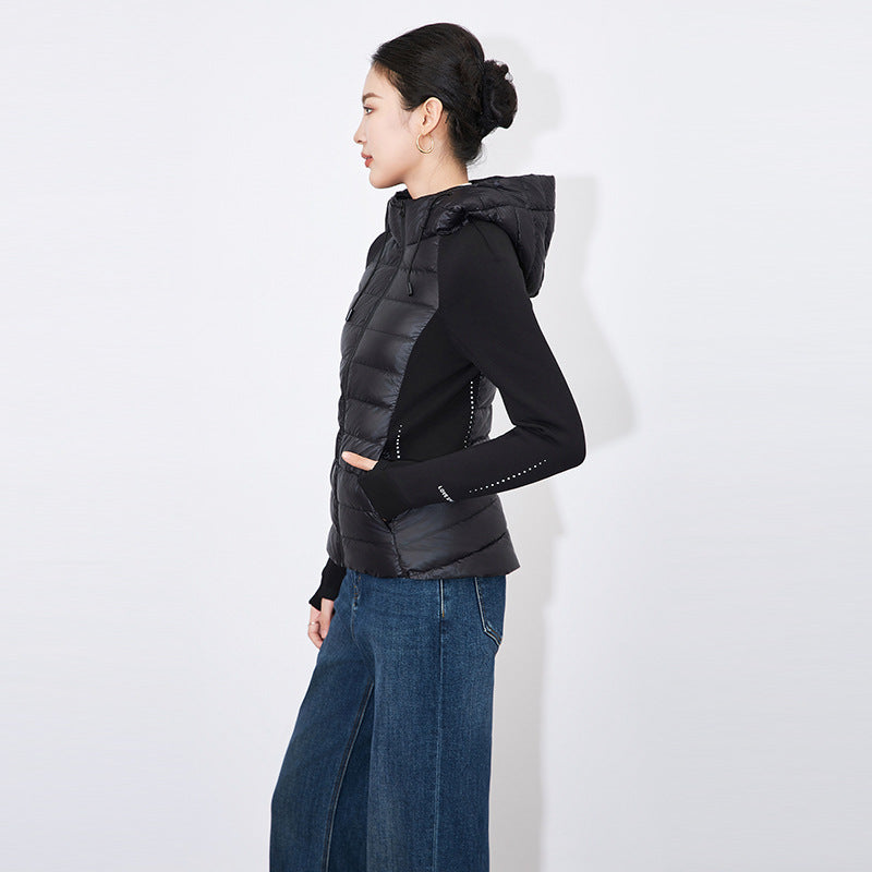 Patchwork Lightweight Stretch Knit Hooded Jacket 2025 Winter New Arrival Black Short Down Coats
