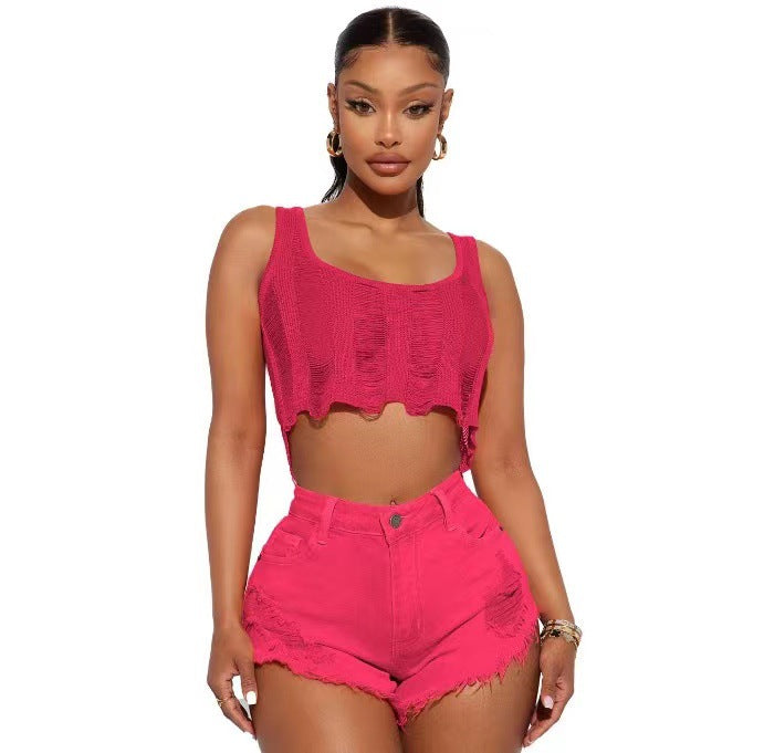 Cutout Ripped Tassel Hem Zipper Fly Flare Denim Shorts INS Fashion Summer Street Women Short Jeans Pants