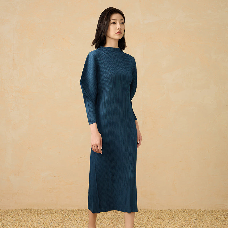 Woman Pleated Midi Dress Half High Collar Batwing Sleeve Elastic Waist Causal Style Elegant