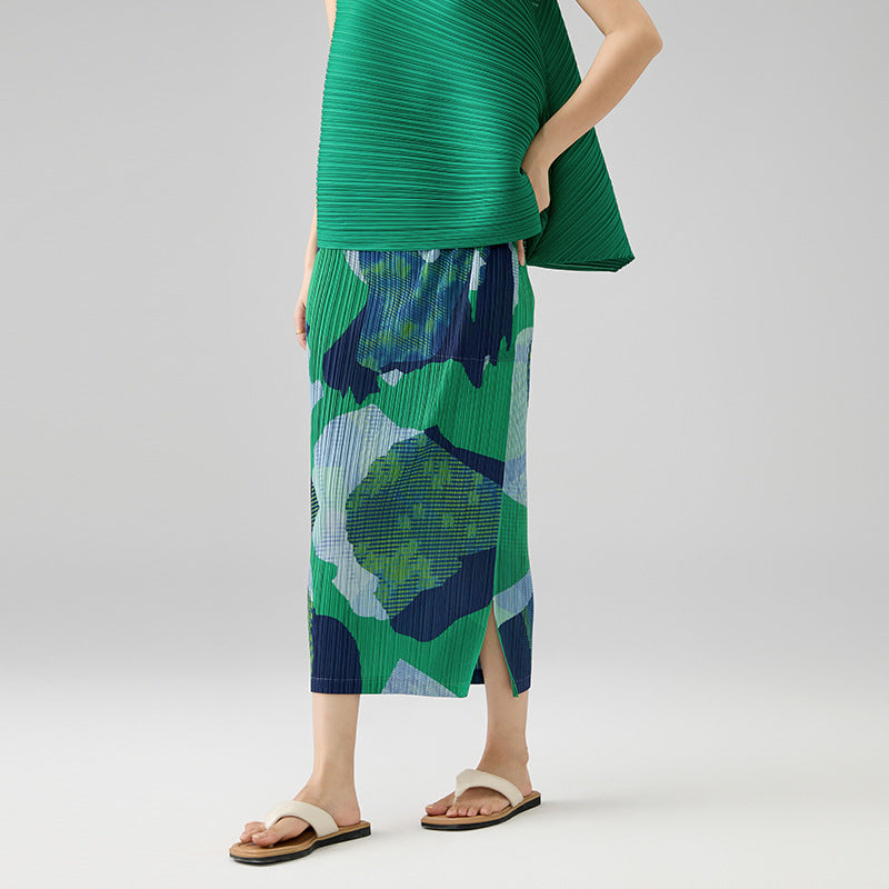 Summer New Elegant Temperament Slit Printed Half Skirt Slim Fit Versatile A-line Skirt