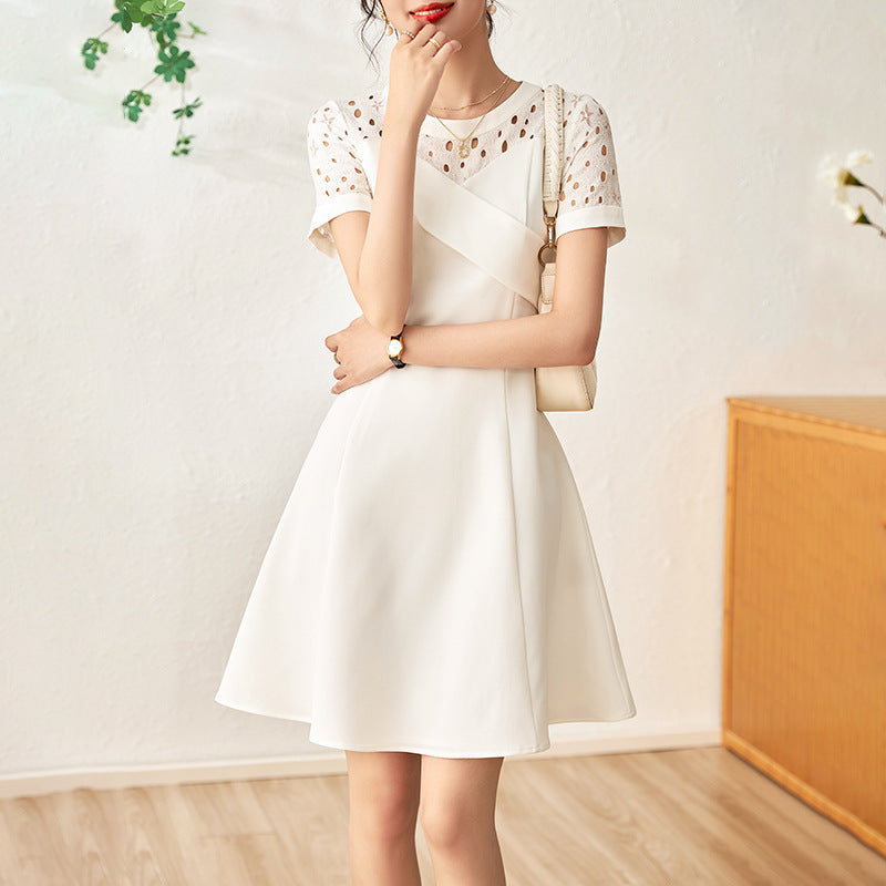Elegant Pink Dress Women's Latest Summer Waist-Fitted Slimming Short Sleeves With Embroidered Hollow Out Design
