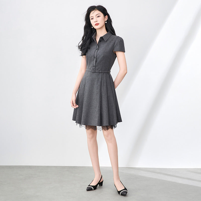 Turn down Collar Summer Dress Grey Short Sleeve Lace Patchwork Casual Office Fashion Women Dress