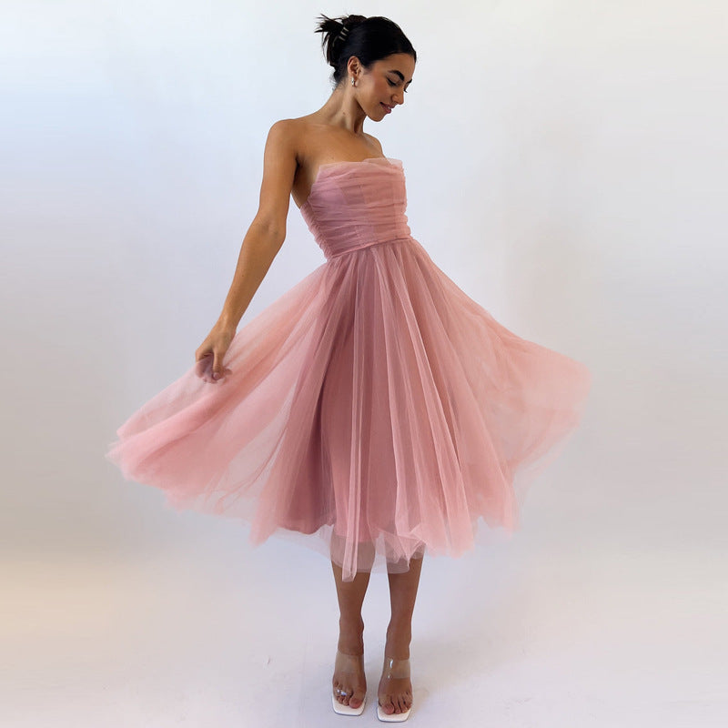 Sleeveless Fishbone Strapless Dress Women's Empire Waist A- Line Skirt Birthday Party Gown Cross-Border New Arrival