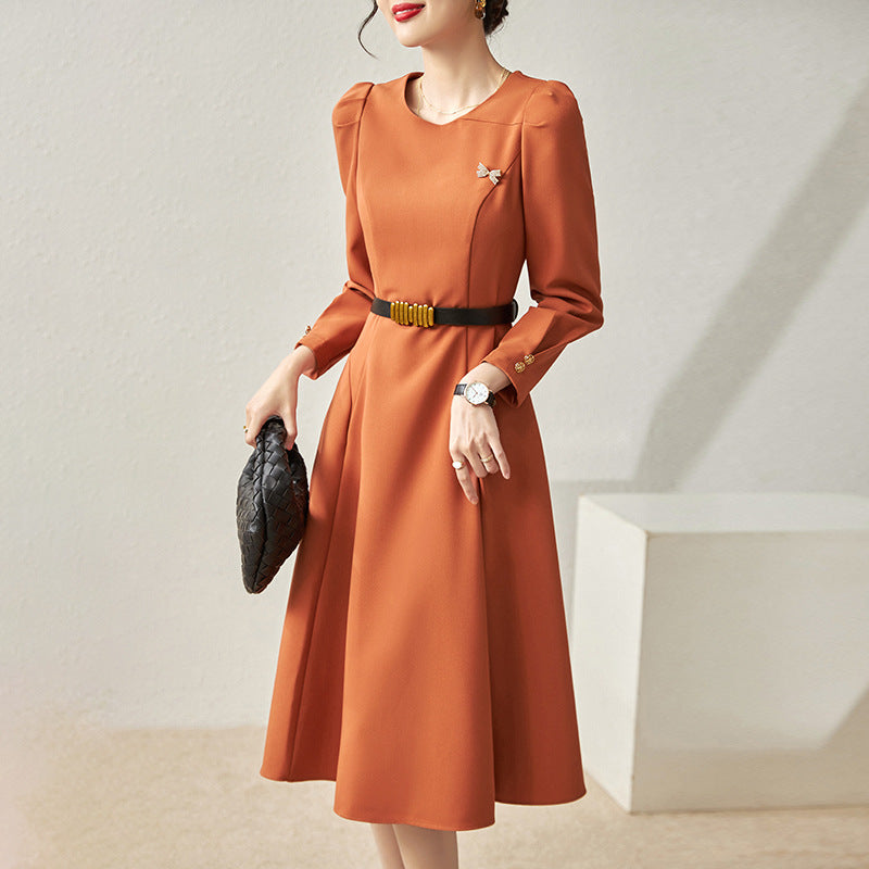 New Red Solid Women Dress Long Sleeve O-Neck Sheath OL Work Dresses With Belt