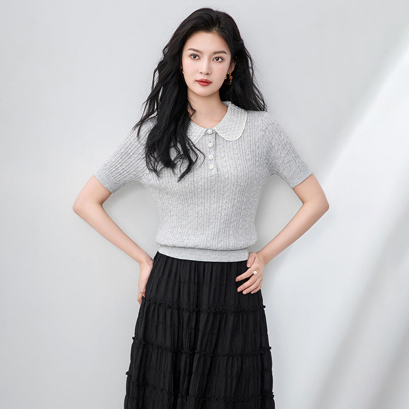 Summer Knitted Short Sleeve Shirt with Pearl Embellishment And Pleated Neck Design for Women Elegant Top