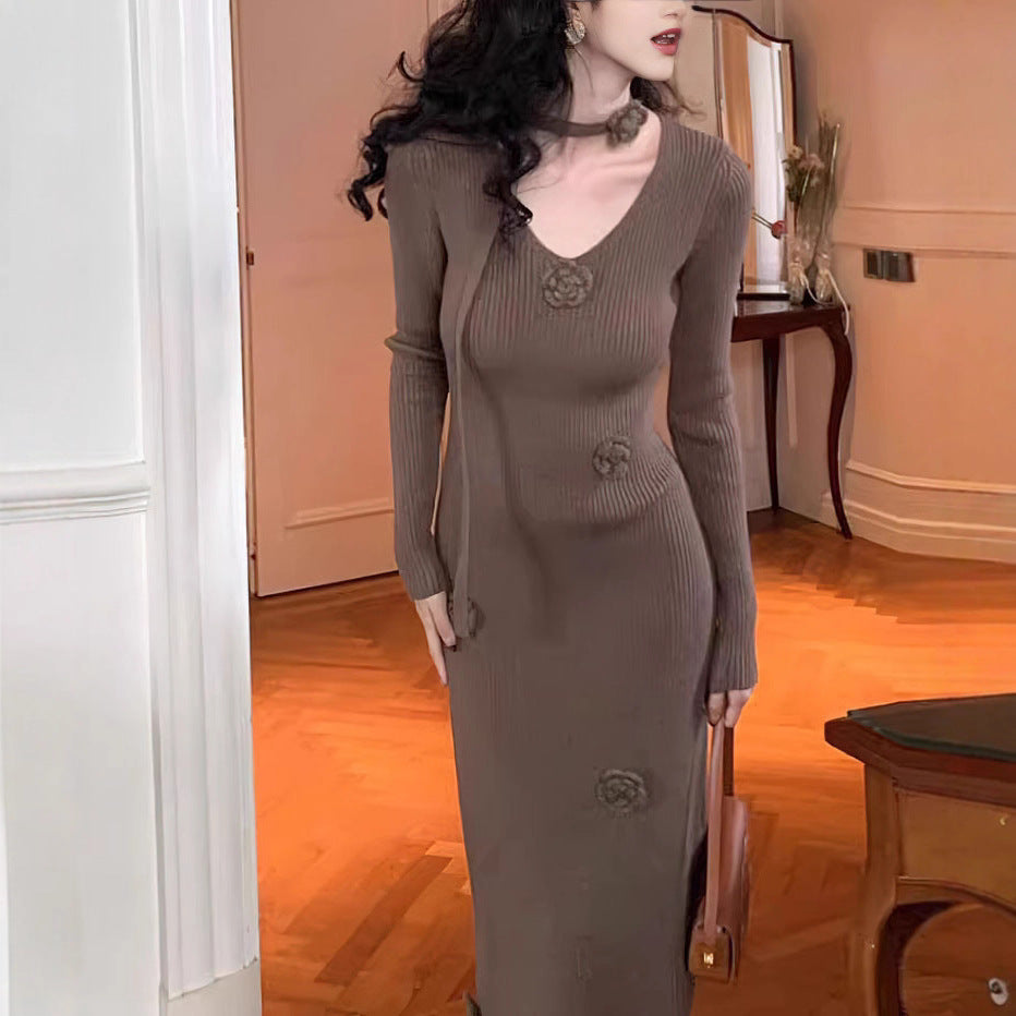 Flowers Knitted Long Dresses Solid Autumn Winter Korean Fashion Vestidos Mujer V Neck Elegant Retro Women Dress