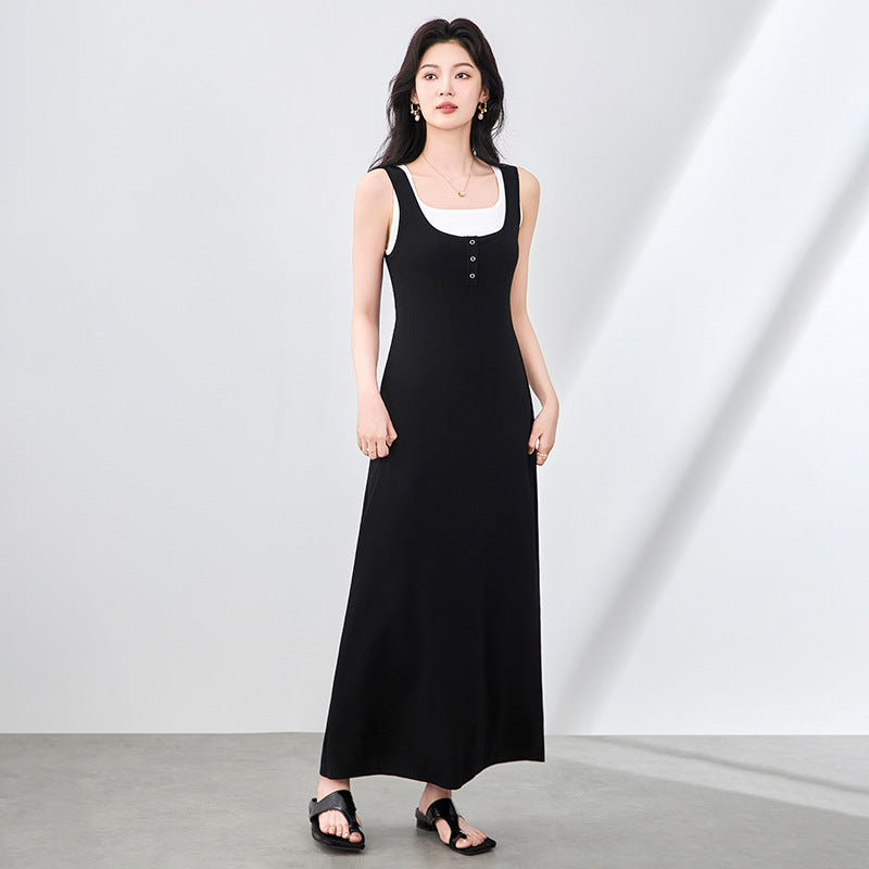 Sweet Simple Constrast Color Spliced Fake Two Piece All Match Small Square Collar Sleeve Dress Punk A-line Dresses