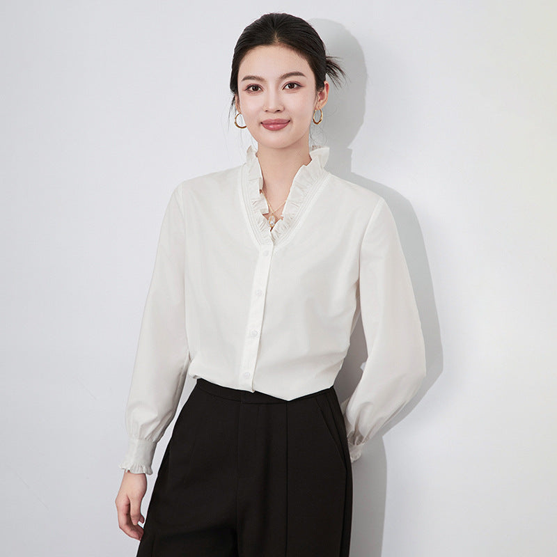 Lace Ruffles Chiffon Shirts Women's Clothing 2025 Autumn Winter New Office Lady Long Sleeve Pullovers Vintage Elegant Blouse