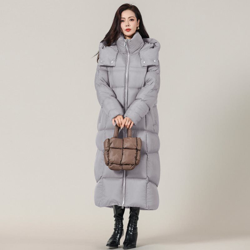 New Women Goose Down Coats Oversized Loose Long Brown Hooded Down Jackets Winter Warm Coat
