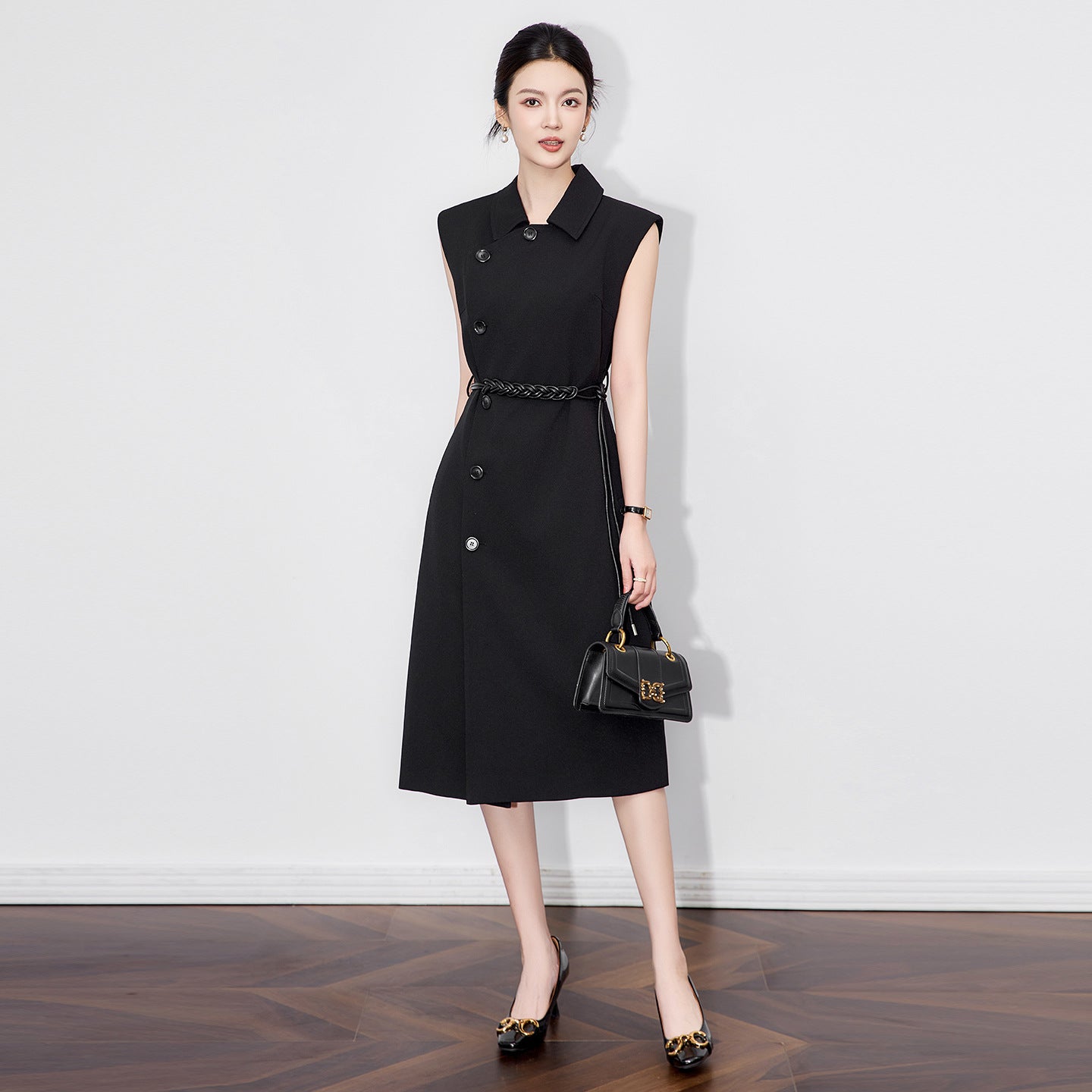 Spring Summer New Arrival Women's Dr Slimming Waist High Waist A-Line Skirt Sle Double Button No-Sve Suit Collar Dr