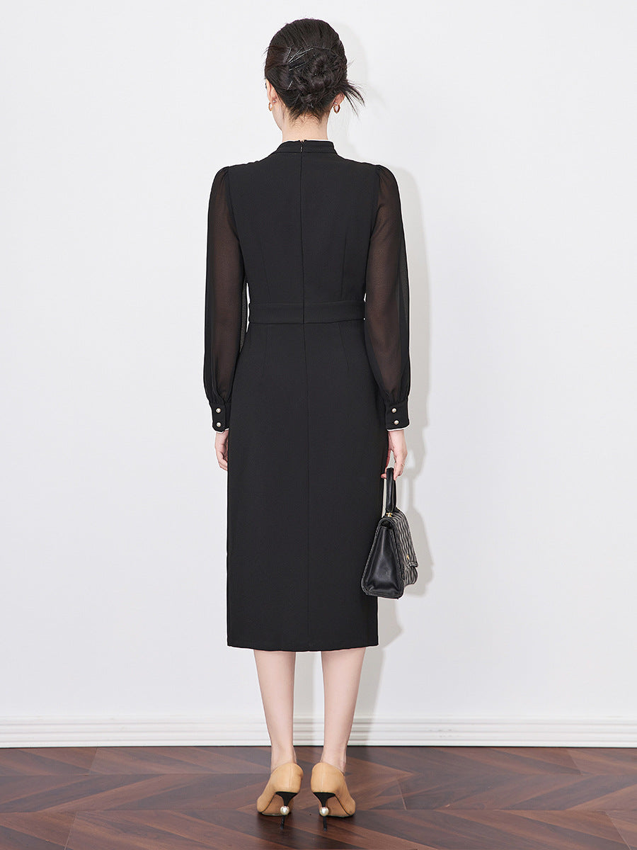 Long Sve Slimming Dress Stand Collar Waist Cinched Women's Dress Sli Ladylike Spring Dress