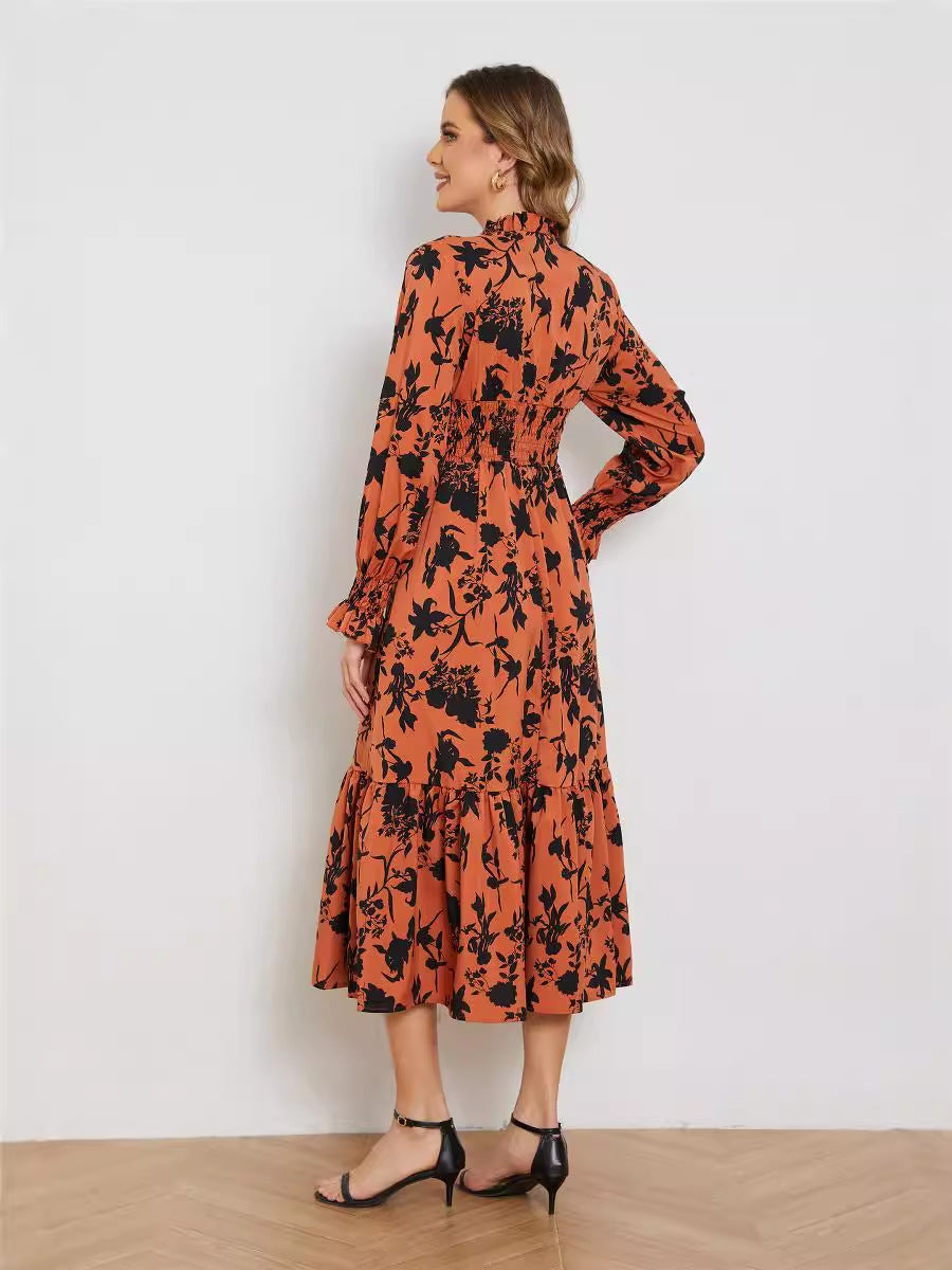 Summer Fashion New V-neck Long Sleeve High Waist Floral Elegance Dress for Women
