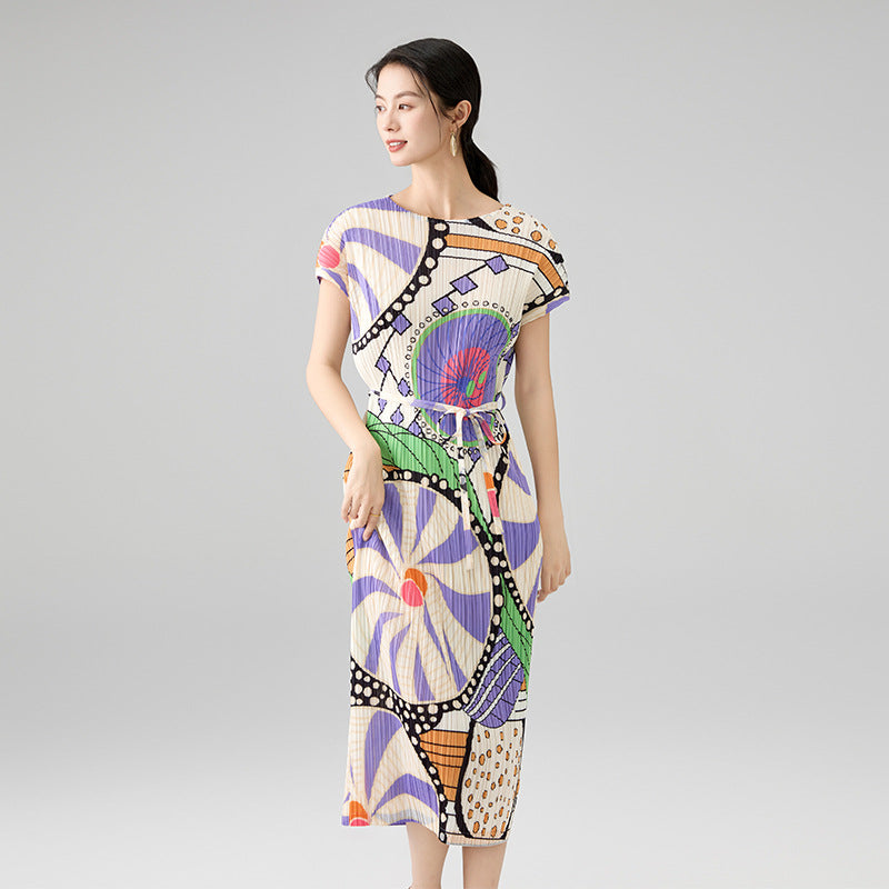 Women Round Neck Short Sleeve Printed Contrasting Colors Straight Loose New Tide Dresses