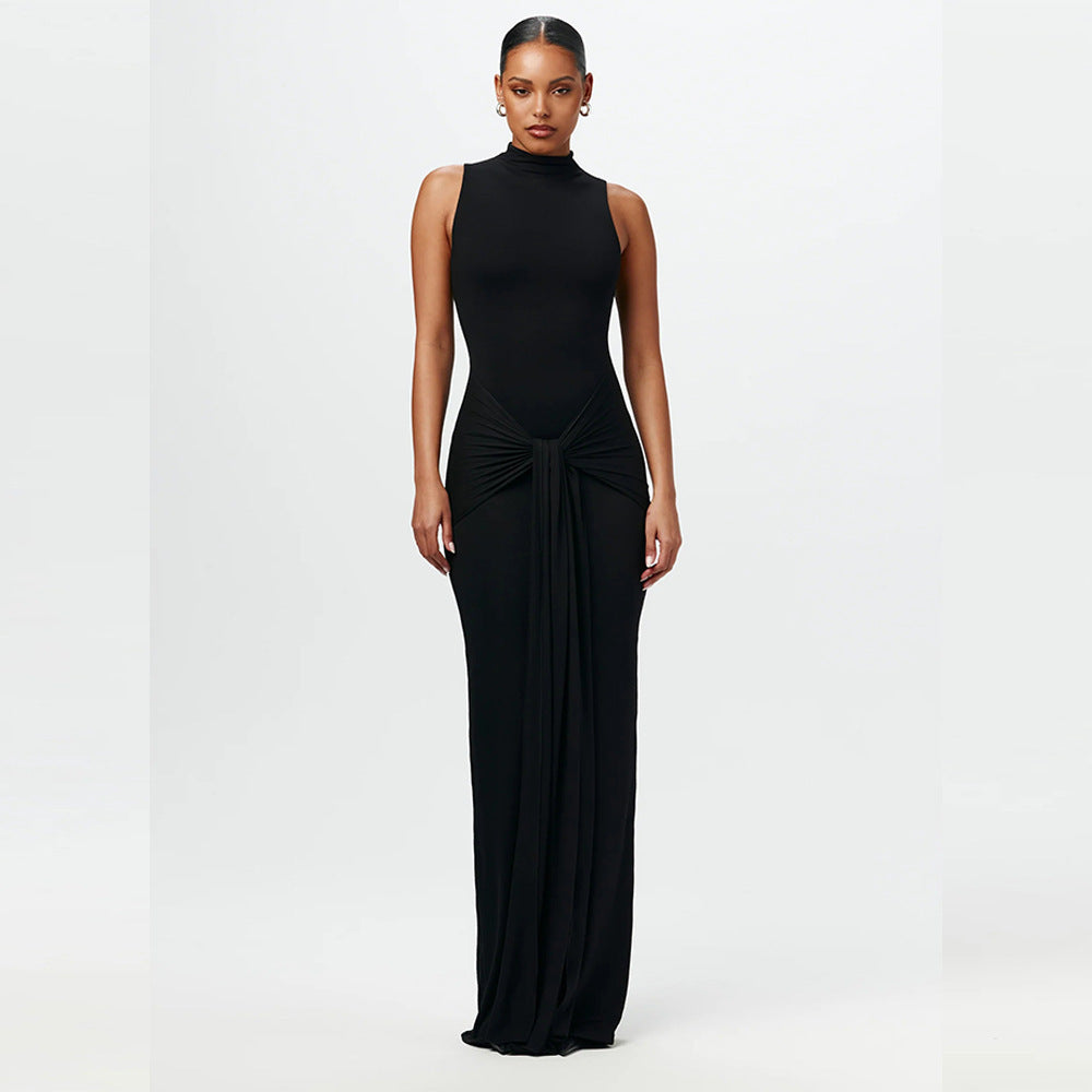Half High Collar Irregular Tank Dress For Women New Fashion Sleeveless Bodycon Ruched Sexy Long Dress Elegant