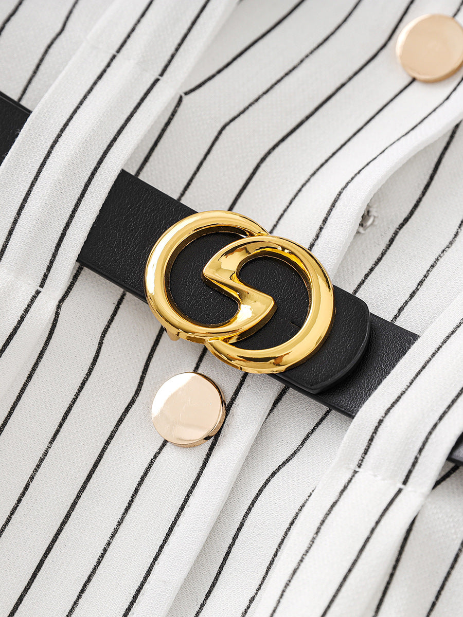Chic Sweet Button up Collar Striped ort Sve Elastic Waist Bubble Sve irt Dr Commute Sle Single Piece Chinese O...