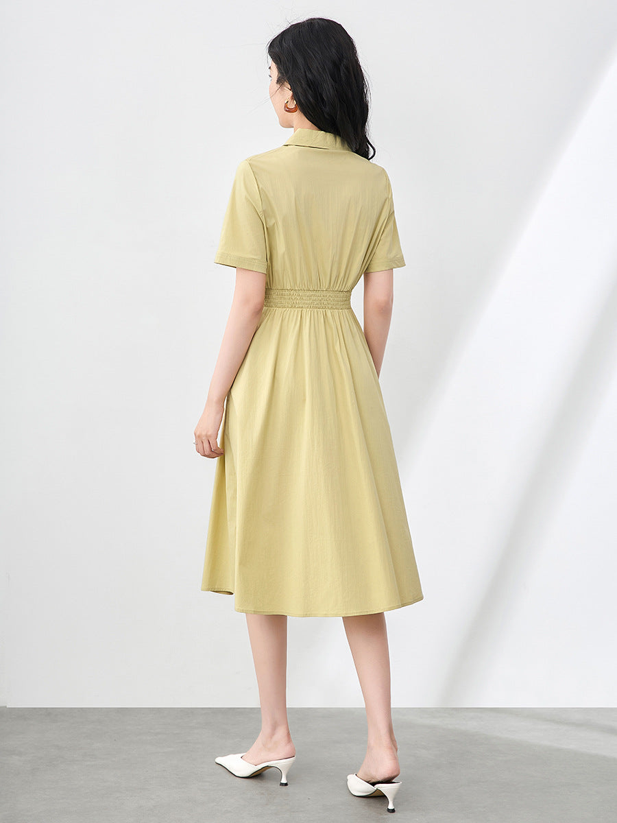 Summer Simple Office Casual Shirt Dress Woman Elegant Turn Down Collar Front Zipper Lace Up Short Sleeve Blue Vestidos
