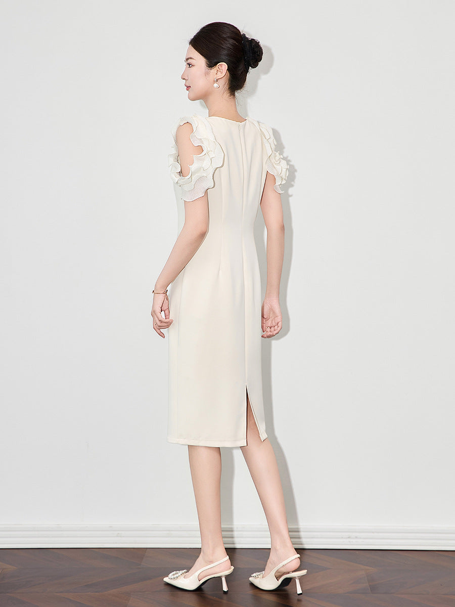 French Elegant Socialite Black Dress V-Neck Ruffles Off-Shoulder Short Sleeve High Waist Hip-Wrapped Simple Commuter Dress Women