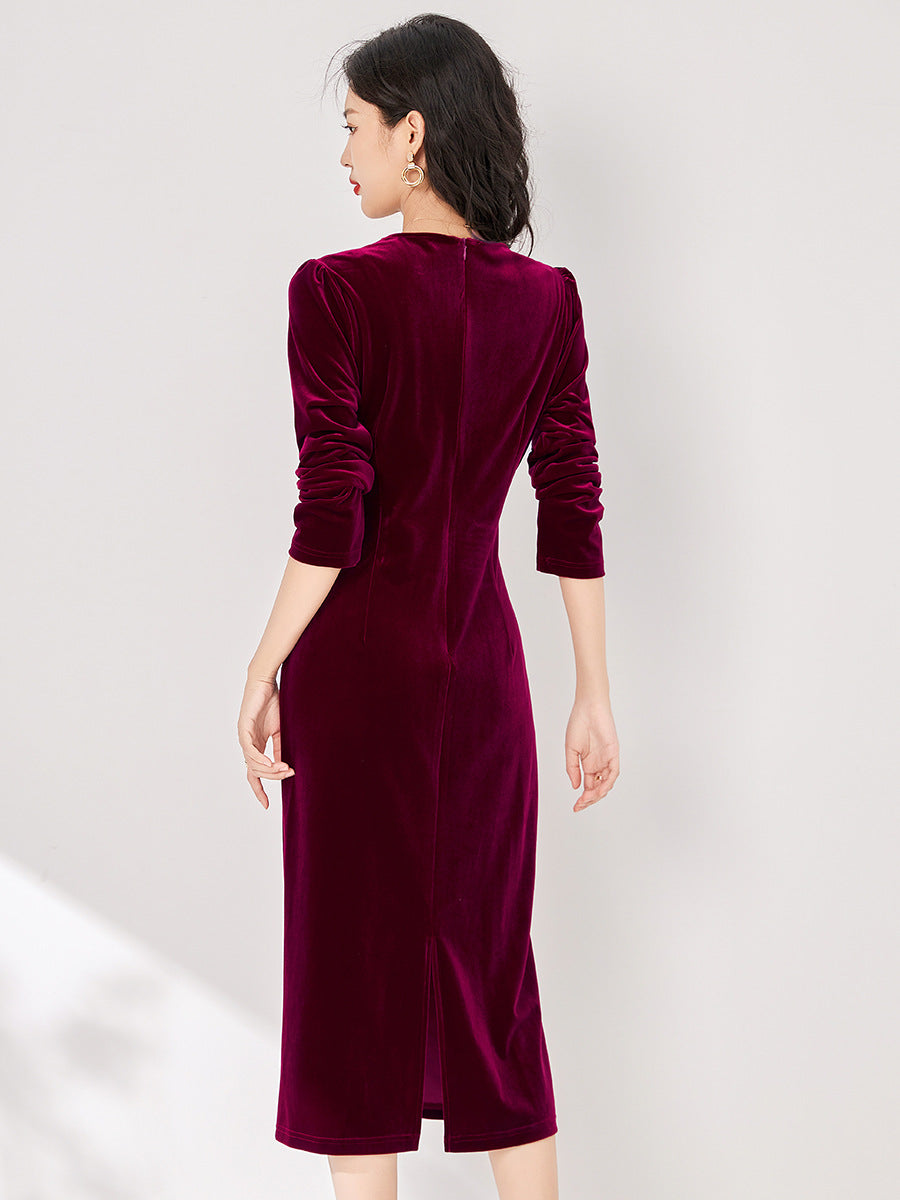 Silk Velvet Dress Spring and Autumn Ladies Temperament Elegant Fashion Mid-length Skirt High-end Business Casual