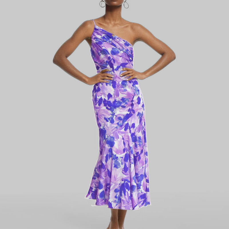Elegant Oblique Shoulder Pleated Floral Print Spaghetti Dresses For Women Sexy Backless Strape Summer Midi Dress Vestidos