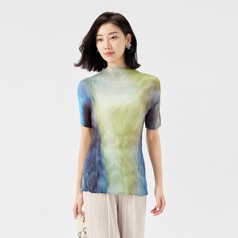 Pleated T-shirt Women Long Sleeve Light Base Shirt Fashion Gradient Personality Versatile Tops