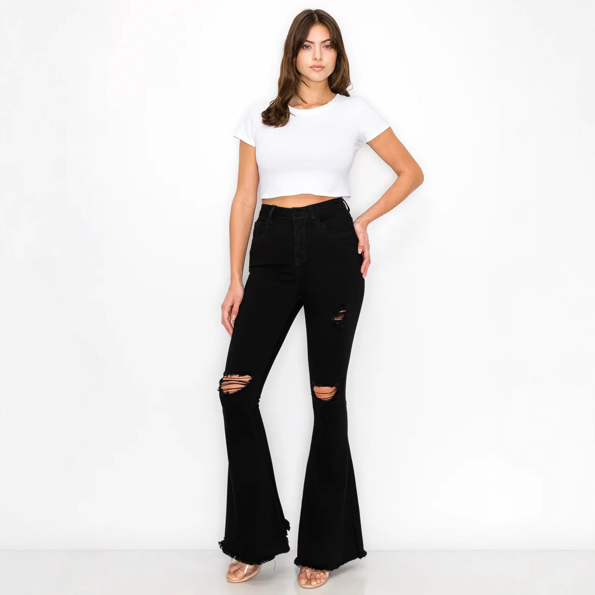 Women Flare Stretch Moustache Jeans Fashion Skinny Bell Bottom High Waist Gray Denim Pants Lady Classic Long Trousers