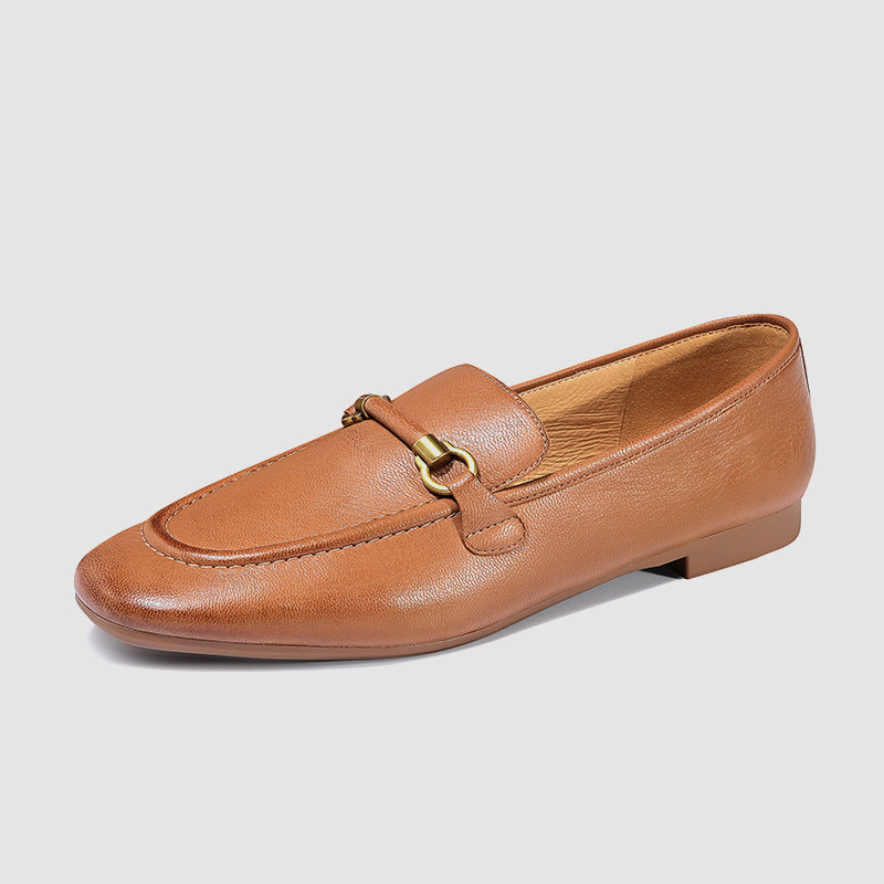 Breathable Square Toe Casual Woman Loafers Flat Heel British Style Genuine Leather Metal Chain Daily Life All-Match Shoes