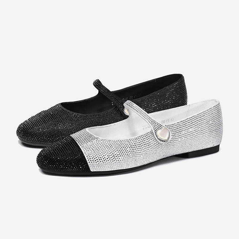 Black Sheep Suede Mary Jane Shoes Square Toe Belt Buckle Crystal Single Shoe Low Heel Women's Shoes