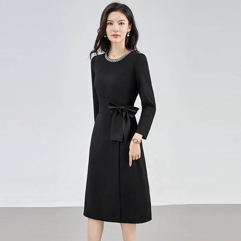 Slimming Heavy Work Waist Cinched Red Angora Knee Length Dress Women's Fashion Elegant Style Full Sleeve round Neck Dress