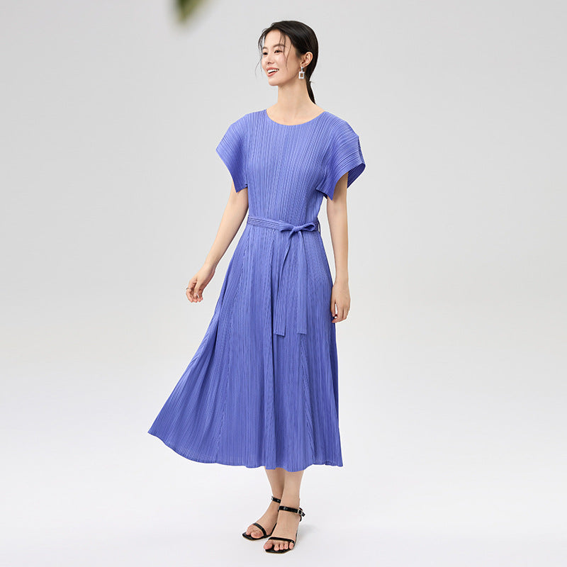 New Short Sleeve Round Neck French Lace Fold Dress For Women Elegant Elastic Long Dresses