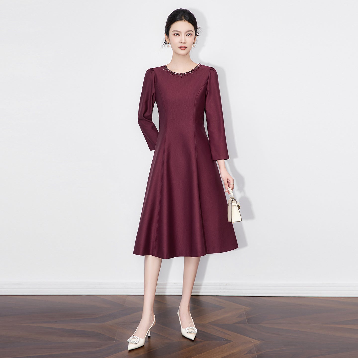 O-neck Mid Dress Spring Women Diamond Long Sleeves Loose Dresses Summer High Waist Pullover Zipper Knee Length Dress