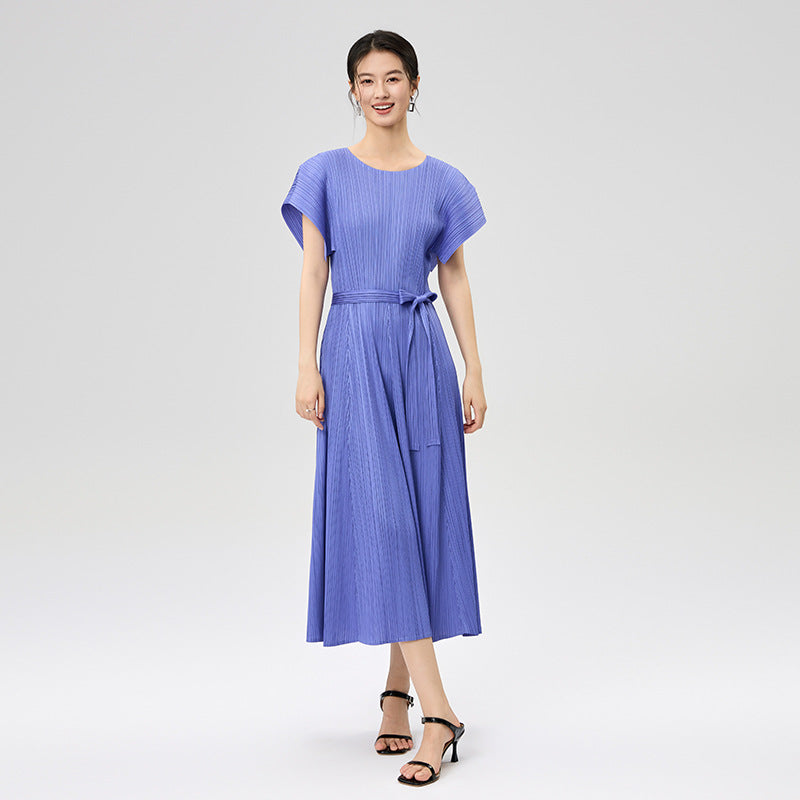 New Short Sleeve Round Neck French Lace Fold Dress For Women Elegant Elastic Long Dresses