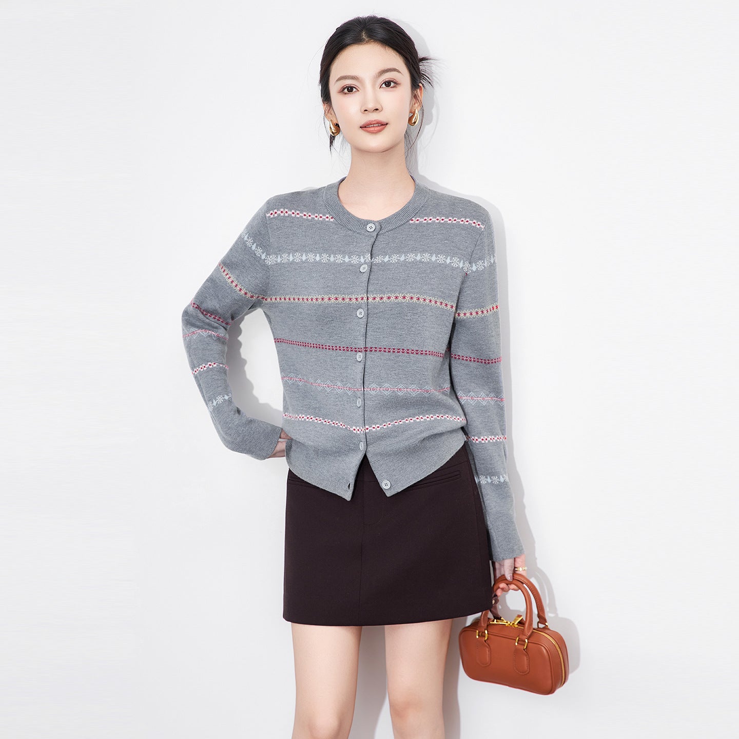 Women's Rainbow Striped Cardigan Wool Blend Sweater 2025 Autumn Pearl Buttons O-Neck Long Sleeve Knit Coat