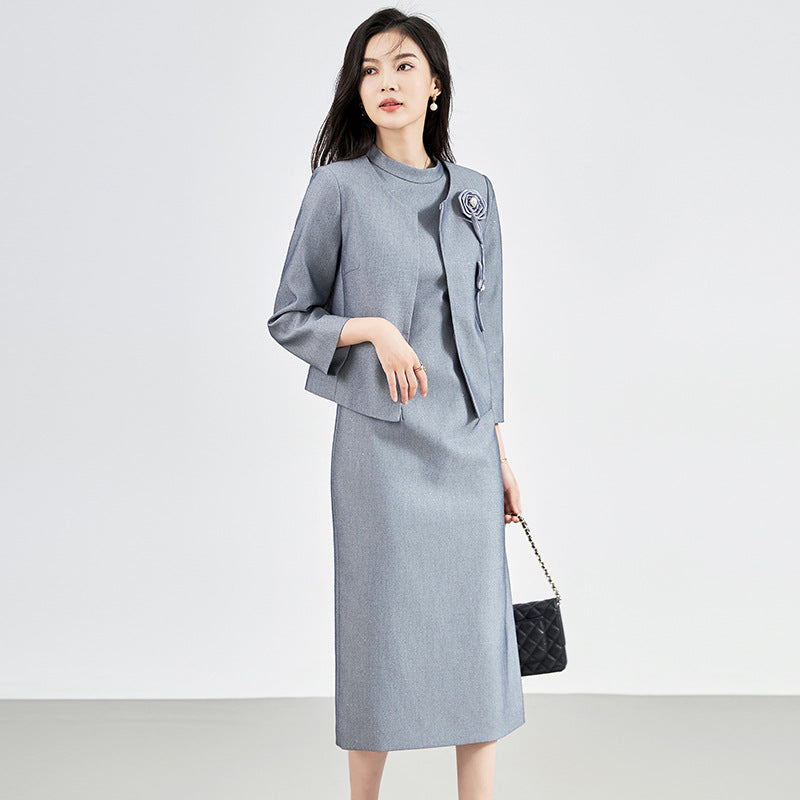 Autumn New 2024 Elegant Dresses for Women Designer Full Sleeve Short Jacket Top+Short Sleeve Dress 2 Piece Suit Yellow Vestidos