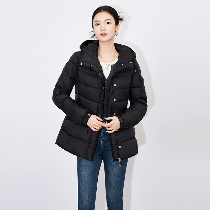 Warm Down Jaet Ski Suit with Belt Stand Collar Women's Faion Commute Korean Sle Memory Fabric Long Sve Thiened