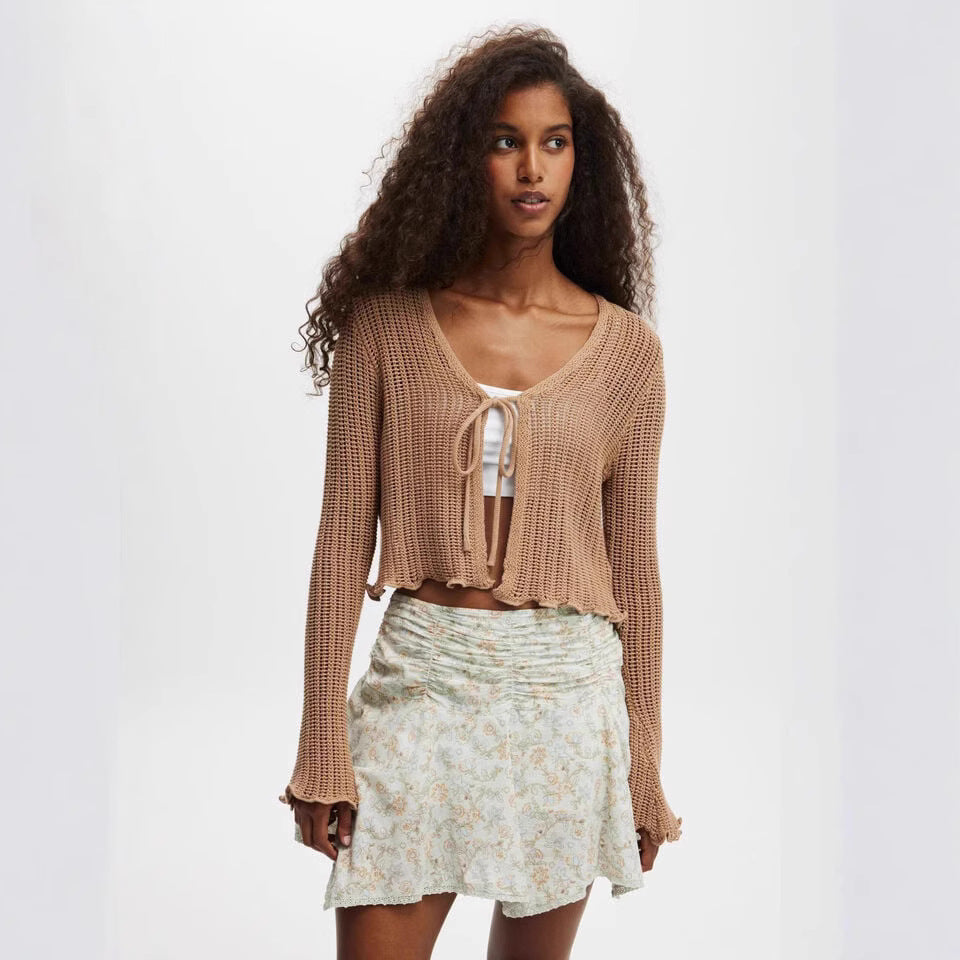 Summer Short Cardigans Women Thin Knitted Long Sleeve Sunscreen Jackets Tie Up Crop Tops Hollow Out White Cardigan Female