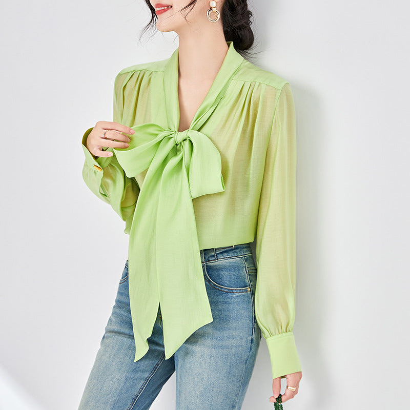 Women's Thick Temperament Streamer 2025 Spring and Summer New Mulberry Silk Lace-up Design Shirt Long-sleeved Top